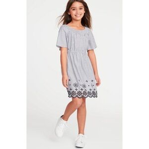 Old Navy Blue & White Striped Short Sleeve Eyelet Hem Dress Girls Size M 8